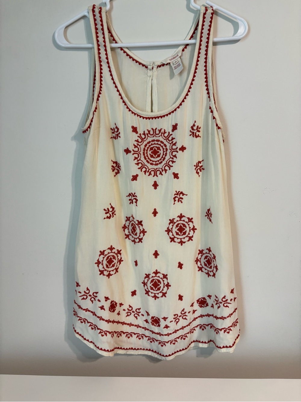 Sundance Women’s Medium Embroidered Tunic Top Ivory Red Boho Sleeveless Rayon